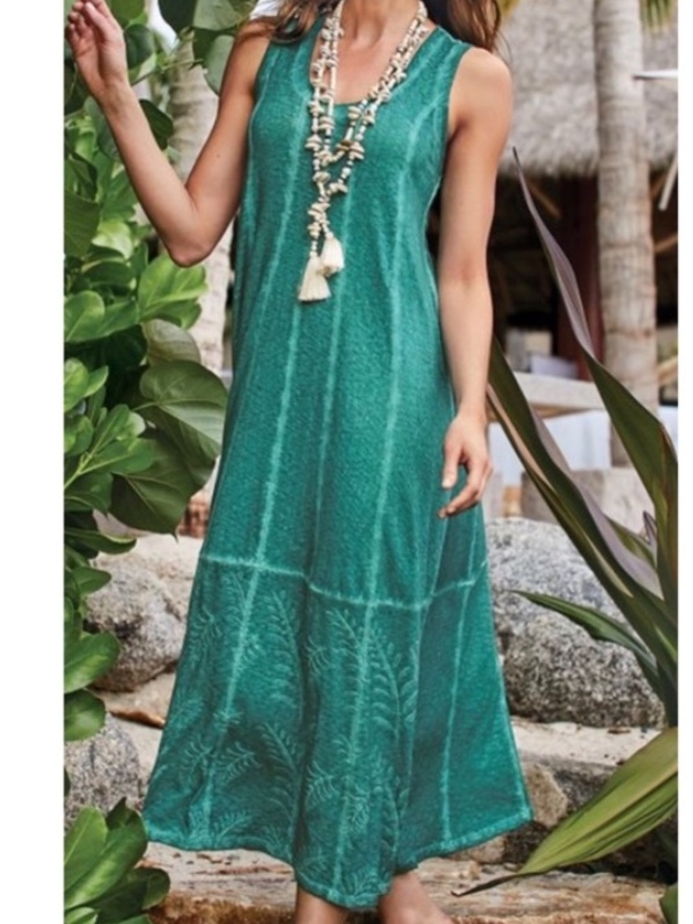 Soft Surroundings 2X Teal Cotton Slub Embroidered Sleeveless Whimsy Midi Dress